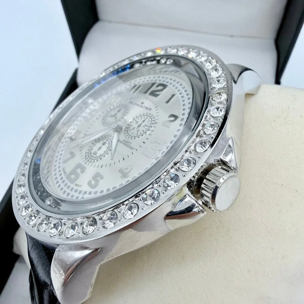 Blingster 5292 Mens Quartz Stainless Steel Black Leather Silver Crystal Watch